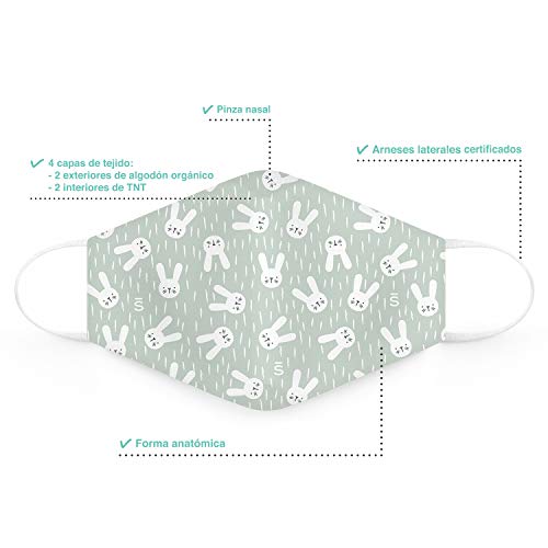 SUAVINEX Mascarillas Infantiles 6-10 Años Higiénicas Reutilizables Certificadas y Homologadas. 3 Capas. 25 Ciclos de Lavado. Fabricadas en España, 2 Unidades, Verde y Rosa 30 g (401309)