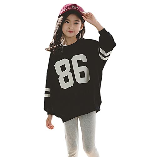 Sudadera de Manga Larga,Suelto Pullover Sweatshirt, Top Camiseta con Cuello Redondo para Niñas(Negro,10-11 años)