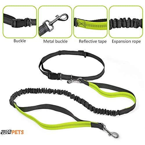 Sudepets Correas para Perros Manos Libres para Correr, Caminar, Senderismo, Cinturón de Cintura Ajustable y Correa elástica de Doble Mango Duradera, Costura Reflectante,