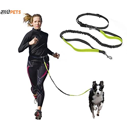 Sudepets Correas para Perros Manos Libres para Correr, Caminar, Senderismo, Cinturón de Cintura Ajustable y Correa elástica de Doble Mango Duradera, Costura Reflectante,