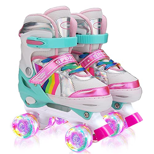 Sumber Patines para Niñas y Niños: Patines de Doble Tamaño Ajustables, Patines en Línea con 8 Ruedas Iluminadas, Protección Completa para Juegos de Interior y Exterior(Rosa-M)…