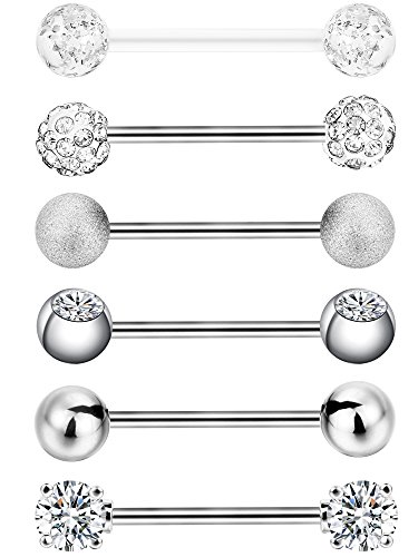 Sumind 6 Pares de Aros de Pezón Lengua Anillas de Barra con Pesas de Acero Inoxidable Piercing de Cuerpo de Zirconia Cúbica, 14 Gauge (Color de Acero)