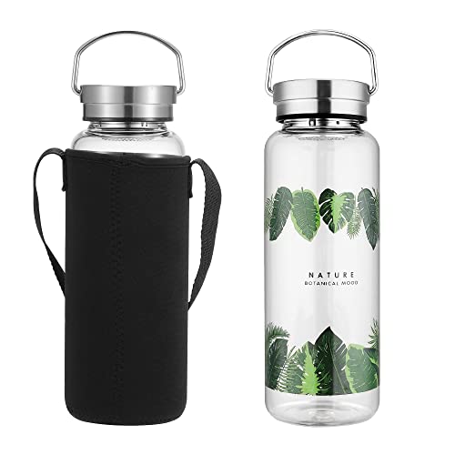 sunkey Botella Agua Cristal 1l Deporte, Reutilizable de Claro Vidrio Borosilicato Portátil Bpa Free (1000ml)