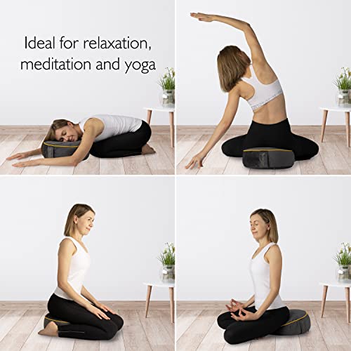 Sunshima Cojín de Meditación para Yoga - Almohada de Yoga Zafu, Asiento para Suelo Redondo de Trigo Sarraceno y Lavanda en Lujoso Terciopelo con Adornos Dorados, Caja de Regalo y Bolsa de Transporte