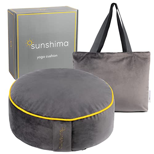 Sunshima Cojín de Meditación para Yoga - Almohada de Yoga Zafu, Asiento para Suelo Redondo de Trigo Sarraceno y Lavanda en Lujoso Terciopelo con Adornos Dorados, Caja de Regalo y Bolsa de Transporte