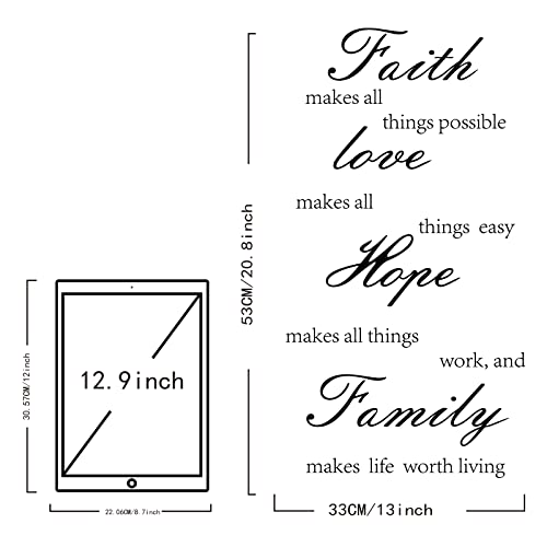 SUPERDANT 1 Hoja Faith Love Hope Family Quotes Pegatinas de Pared Vinilo Decoración de la Pared Pegatinas del Hogar para la Sala de Estar, Dormitorio, Baño, Negro (33x53cm)