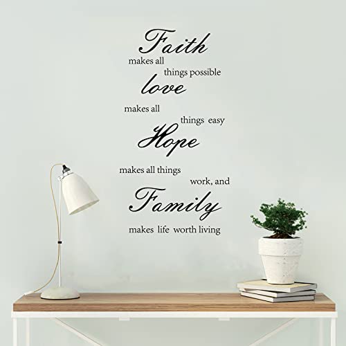 SUPERDANT 1 Hoja Faith Love Hope Family Quotes Pegatinas de Pared Vinilo Decoración de la Pared Pegatinas del Hogar para la Sala de Estar, Dormitorio, Baño, Negro (33x53cm)