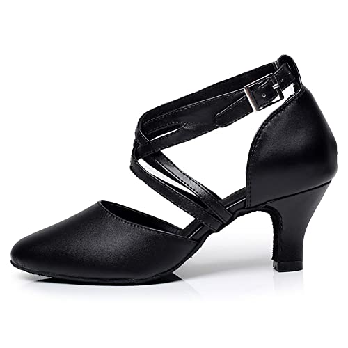 SWDZM Zapatos de Baile Latino para Mujer Punta Cerrada Salón Salsa Chacha Rumba Samba Carácter Zapatos de Baile,Model-QJW7161-6 Black,39EU