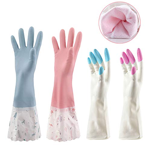 SwirlColor Guantes De Cocina Mujeres Guantes Impermeables de Cocina Guantes Antideslizantes Largos de Goma para Lavar Platos Limpieza de lavandería (Tamaño Mediano, 4 Pares)