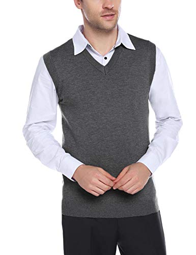 Sykooria Jersey sin Mangas Hombre Chaleco de Punto Elástico Casual Suéter Delgado Cuello en Pico Chaleco Pulover Slim Fit Informal para Invierno 1# Gris Oscuro L