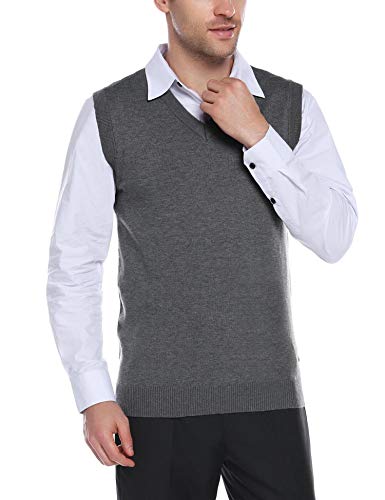 Sykooria Jersey sin Mangas Hombre Chaleco de Punto Elástico Casual Suéter Delgado Cuello en Pico Chaleco Pulover Slim Fit Informal para Invierno 1# Gris Oscuro L