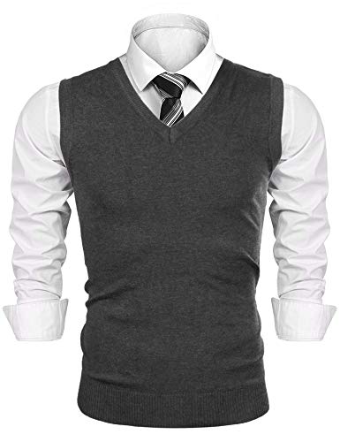 Sykooria Jersey sin Mangas Hombre Chaleco de Punto Elástico Casual Suéter Delgado Cuello en Pico Chaleco Pulover Slim Fit Informal para Invierno 1# Gris Oscuro L