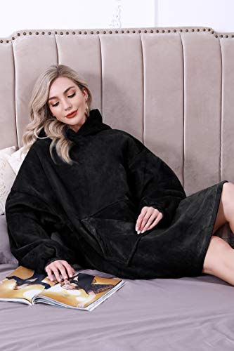 Sykooria Manta con Capucha Sudadera Calentita Grande Pullover Mullido de Doble Capa Manta Súper Suave y Cálida para Mujeres Hombres Adolescentes - Negro L