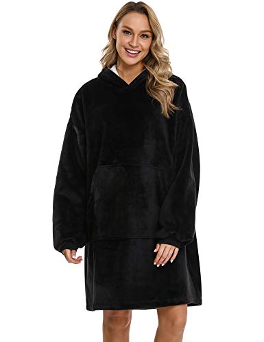 Sykooria Manta con Capucha Sudadera Calentita Grande Pullover Mullido de Doble Capa Manta Súper Suave y Cálida para Mujeres Hombres Adolescentes - Negro L