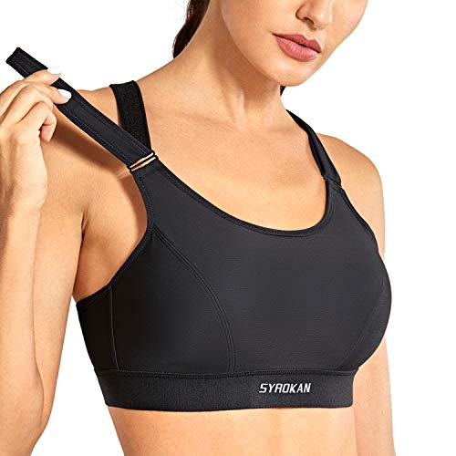 SYROKAN Mujer Sujetador Deportivo Máximo Soporte Relleno Correas Fitness Yoga Camisetas Sin Mangas Negro-A265A 90H