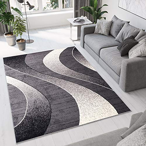 TAPISO Dream Alfombra Salón Comedor Dormitorio Moderno Gris Oscuro Blanco Negro Ondas Fina Pelo Corto 160 x 230 cm