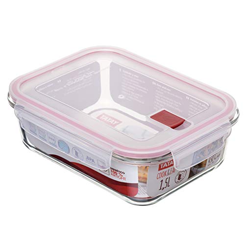 Tatay Fiambrebra de Alimentos, Vidrio, Hermética, 1.5L de Capacidad, Tapa de Clip, Libre de BPA, Apto Microondas, Horno, Congelador y Lavavajillas, Color Rojo. Medidas 17.7 x 23x 7.6 cm