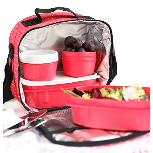 Tatay Urban Food Casual, Bolsa Térmica Porta Alimentos, 3L de Capacidad, con 4 Tuppers Herméticas (2 x 0.5L, 2 x 0.2L), Color Rojo con Puntos. Medidas 22.5 x 10 x 22 cm