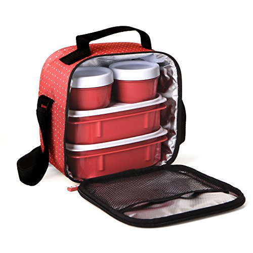 Tatay Urban Food Casual, Bolsa Térmica Porta Alimentos, 3L de Capacidad, con 4 Tuppers Herméticas (2 x 0.5L, 2 x 0.2L), Color Rojo con Puntos. Medidas 22.5 x 10 x 22 cm