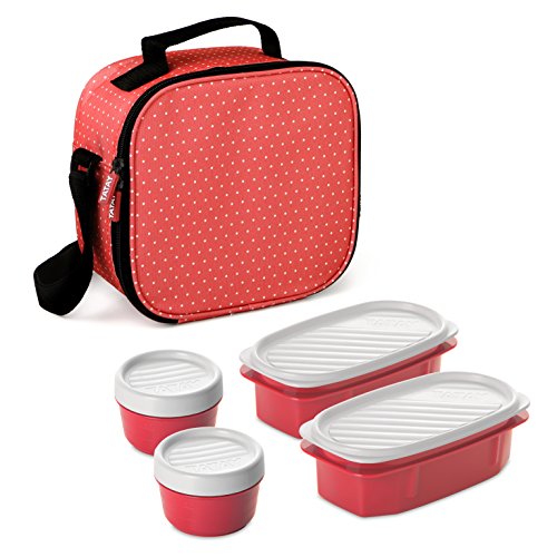 Tatay Urban Food Casual, Bolsa Térmica Porta Alimentos, 3L de Capacidad, con 4 Tuppers Herméticas (2 x 0.5L, 2 x 0.2L), Color Rojo con Puntos. Medidas 22.5 x 10 x 22 cm