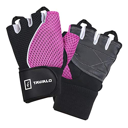 TAVIALO Guantes de Fitness para Mujer M (16-19 cm), Color Rosa/Negro/Blanco, Guantes de Gimnasio Mujer para Crossfit Bodybuilding Bicicleta Entrenamiento Deporte. Palma en Piel, Dorso Transpirable