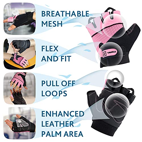 TAVIALO Guantes de Fitness para Mujer S (13-16 cm), Color Rosa/Negro, Guantes de Gimnasio Mujer para Crossfit Bodybuilding Bicicleta Entrenamiento Deporte. Palma en Piel, Dorso Transpirable