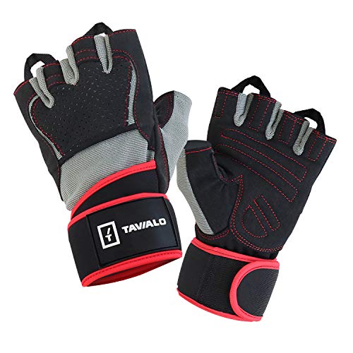 TAVIALO Guantes de Gimnasio Hombre por Musculacion, Fitness, Entrenamiento, Talla M (16-19 cm), Colores Gris, Negro, Rojo. Guantes de Medio Dedo