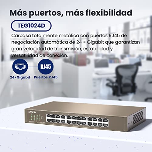 Tenda TEG1024D Gigabit Ethernet Switch, 24 Puerto RJ45, 48 Gbit/s,10/100/1000 Mbps, Auto MDI/MDIX, Montaje en Escritorio/Rack, Protección Profesional contra Rayos, No Administrado, Plug & Play, Metal