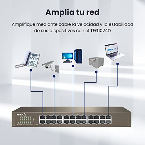 Tenda TEG1024D Gigabit Ethernet Switch, 24 Puerto RJ45, 48 Gbit/s,10/100/1000 Mbps, Auto MDI/MDIX, Montaje en Escritorio/Rack, Protección Profesional contra Rayos, No Administrado, Plug & Play, Metal