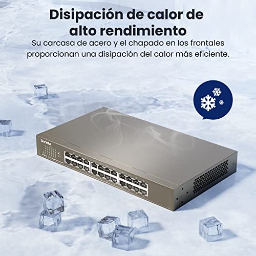 Tenda TEG1024D Gigabit Ethernet Switch, 24 Puerto RJ45, 48 Gbit/s,10/100/1000 Mbps, Auto MDI/MDIX, Montaje en Escritorio/Rack, Protección Profesional contra Rayos, No Administrado, Plug & Play, Metal