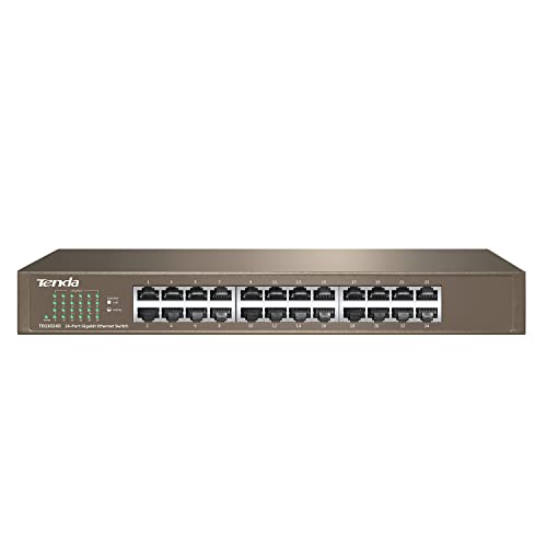 Tenda TEG1024D Gigabit Ethernet Switch, 24 Puerto RJ45, 48 Gbit/s,10/100/1000 Mbps, Auto MDI/MDIX, Montaje en Escritorio/Rack, Protección Profesional contra Rayos, No Administrado, Plug & Play, Metal