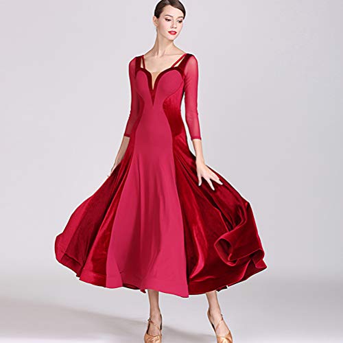 Terciopelo Malla Vestido de Baile Moderno Falda Plisada Falda de Práctica de Baile de Salón Estándar Nacional Tango Simple Nylon Suave Seda de Hielo Manga Larga Leotardo,Winered,XXL