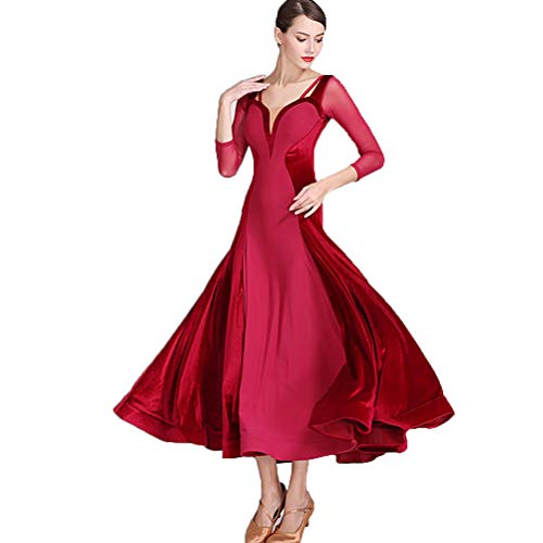 Terciopelo Malla Vestido de Baile Moderno Falda Plisada Falda de Práctica de Baile de Salón Estándar Nacional Tango Simple Nylon Suave Seda de Hielo Manga Larga Leotardo,Winered,XXL