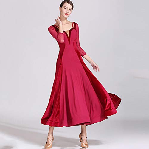 Terciopelo Malla Vestido de Baile Moderno Falda Plisada Falda de Práctica de Baile de Salón Estándar Nacional Tango Simple Nylon Suave Seda de Hielo Manga Larga Leotardo,Winered,XXL