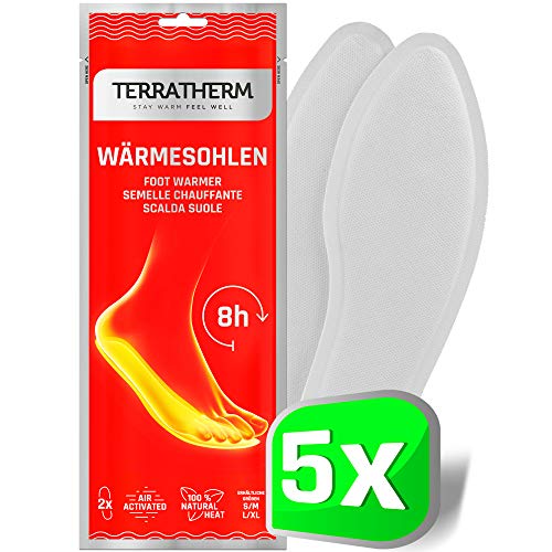 TerraTherm Plantillas Calentadoras - 5 Pares L, Plantillas Calentadoras, Almohadillas térmicas, 100% Calor Natural, Almohadillas térmicas con Forma de Plantillas para 8 Horas de pies Calientes