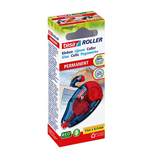 tesa Roller ecoLogo Pegamento en Cinta Permanente , Rodillo Adhesivo Recargable con Cinta Doble Cara Resistente al Rompimiento , Sin Disolventes , 14 m x 8.4 mm