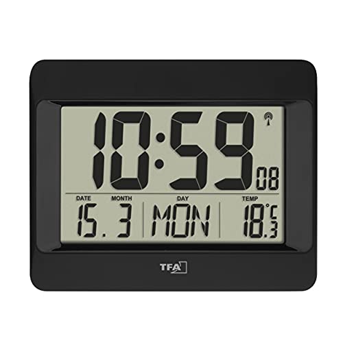 TFA Dostmann Reloj de Pared Digital, 60.4519.01, Radio Reloj con Temperatura Interior, día de la Semana (8 Idiomas), Fecha, Ajuste de Zona horaria, Color Negro, plástico, 215 x 160 x 26 (68) mm