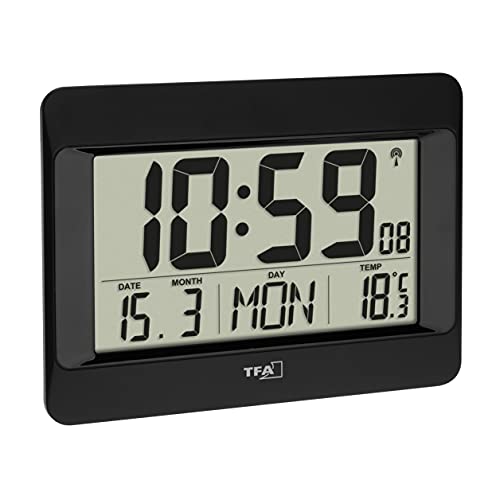 TFA Dostmann Reloj de Pared Digital, 60.4519.01, Radio Reloj con Temperatura Interior, día de la Semana (8 Idiomas), Fecha, Ajuste de Zona horaria, Color Negro, plástico, 215 x 160 x 26 (68) mm