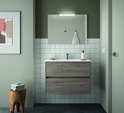 THE LIVING DESIGN FIND YOUR OWN STYLE Conjunto de Mueble de Baño NEJAR - 90 cm - 2 Cajones - Roble Oscuro. con Lavabo, Espejo y Aplique Led.