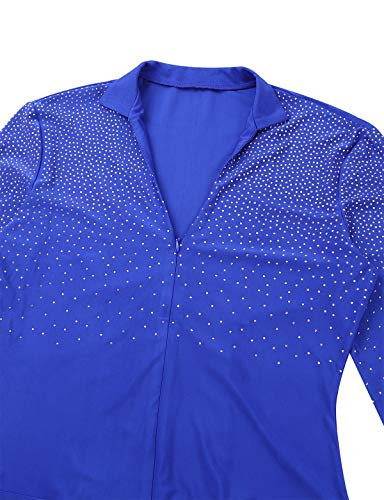 TiaoBug Leotardo de Danza Latina Tango Rumba Patinaje para Hombres Maillot Brillo Manga Larga de Gimnasia Fitness Práctica Bodysuit Monos Cuello en V Royal_Blue Large