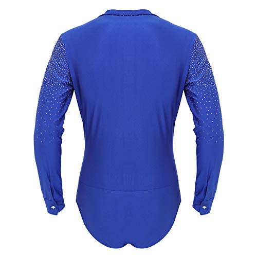 TiaoBug Leotardo de Danza Latina Tango Rumba Patinaje para Hombres Maillot Brillo Manga Larga de Gimnasia Fitness Práctica Bodysuit Monos Cuello en V Royal_Blue Large