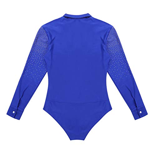 TiaoBug Leotardo de Danza Latina Tango Rumba Patinaje para Hombres Maillot Brillo Manga Larga de Gimnasia Fitness Práctica Bodysuit Monos Cuello en V Royal_Blue Large