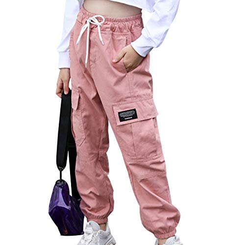 TiaoBug Pantalones Cargos Streetwear Hip Hop Pantalones Largos Cintura Elástica de Moda con Bolsillos para Chica 3-14 Años A-Rosa 9-10 años