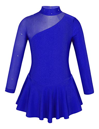 TiaoBug Vestido de Patinaje Artístico Manga Larga Maillot de Danza Ballet Gimnasia Rítmica Niñas Leotardo Body Clásico Elástico con Tutú Ballet Azul Real 10 años