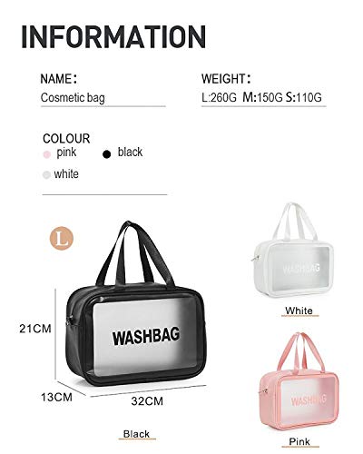 Timertick Bolsas de Aseo Transparente 3 Piezas,Bolsa de Aseo Impermeable para Piscina,Baño,Viaje,Vuelo,Bolsa de Maquillaje de Varios Tamaños (Blanco)