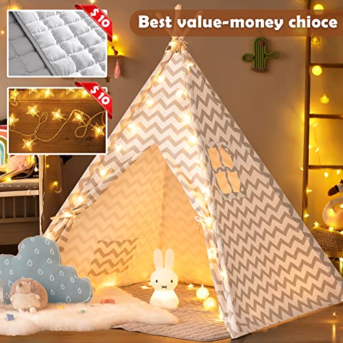 Tipi Infantil Tienda para niños con colchoneta Acolchada & Luz de hadas- Tienda de campaña para niños y niñas de Interior y Exterior, Gris Chevron Heavy Cotton Canvas Teepee (165 cm de Altura)