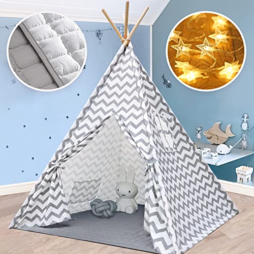 Tipi Infantil Tienda para niños con colchoneta Acolchada & Luz de hadas- Tienda de campaña para niños y niñas de Interior y Exterior, Gris Chevron Heavy Cotton Canvas Teepee (165 cm de Altura)