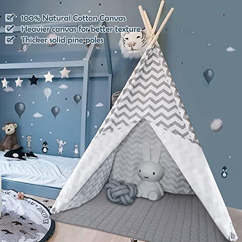 Tipi Infantil Tienda para niños con colchoneta Acolchada & Luz de hadas- Tienda de campaña para niños y niñas de Interior y Exterior, Gris Chevron Heavy Cotton Canvas Teepee (165 cm de Altura)