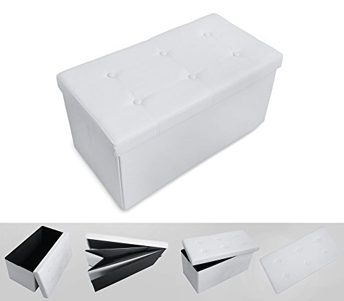 Todeco - Almacenamiento Banco, Almacenamiento Otomano Plegable de Cuero - Carga máxima: 150 kg - Material: Imitación de Cuero - Acabado Cosido y copetudo, 76 x 38 x 38 cm, Blanco