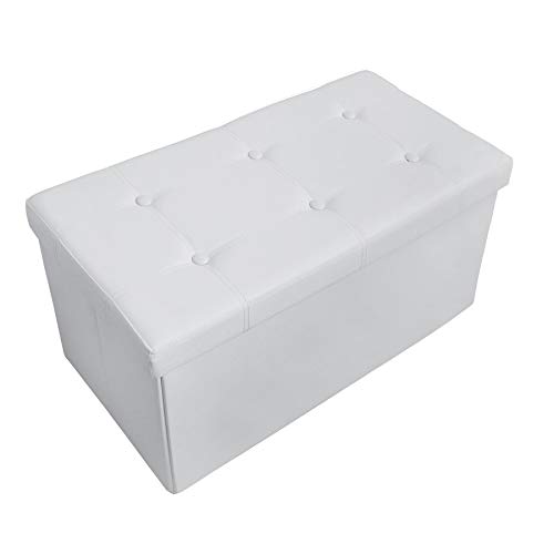 Todeco - Almacenamiento Banco, Almacenamiento Otomano Plegable de Cuero - Carga máxima: 150 kg - Material: Imitación de Cuero - Acabado Cosido y copetudo, 76 x 38 x 38 cm, Blanco